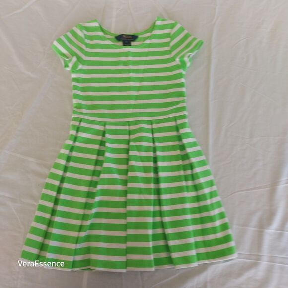 Polo Ralph Lauren Dress Girls Size 6 Green White stripes pleated Cute - Picture 1 of 4